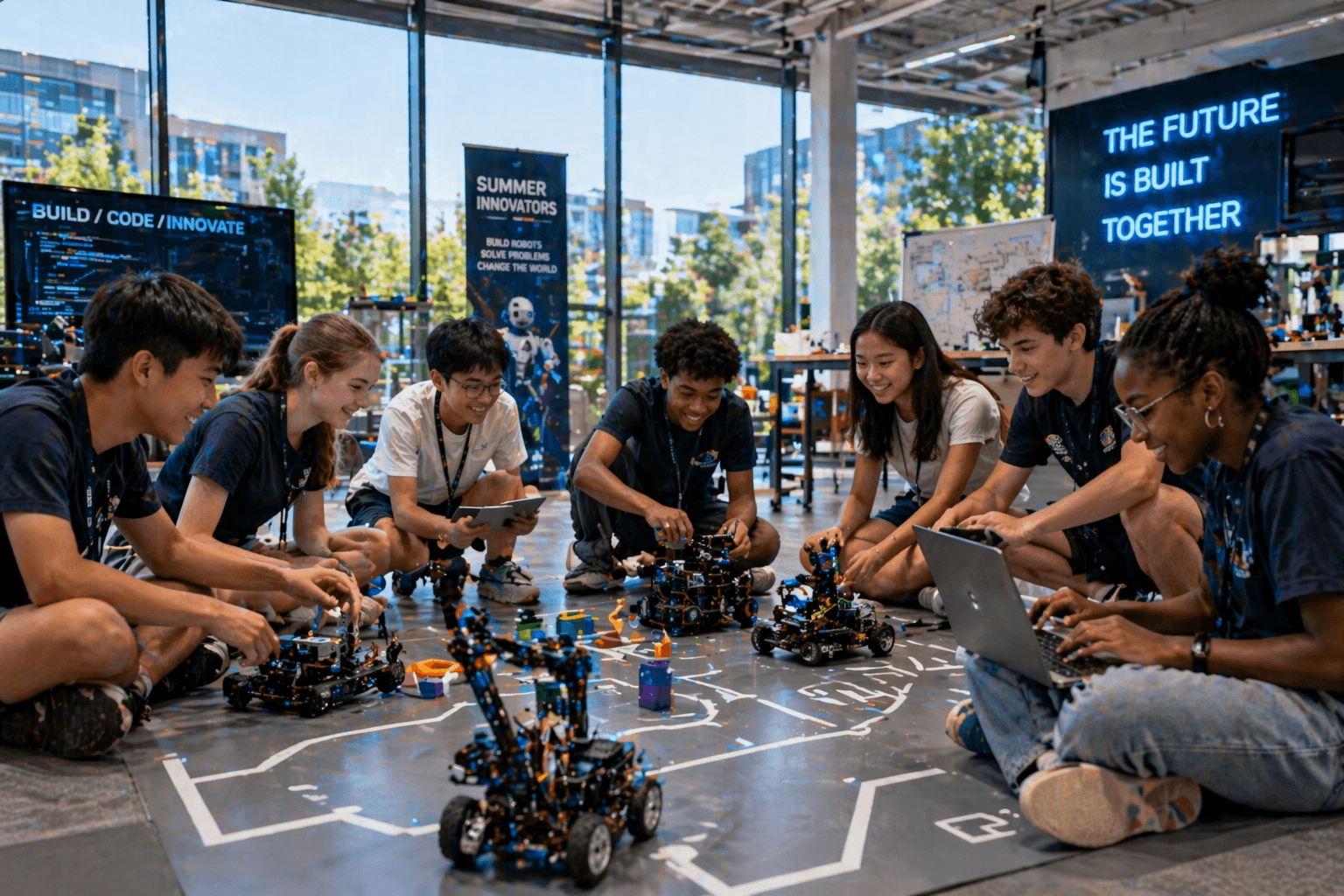 Students collaborating on robotics projects during Agentech summer school