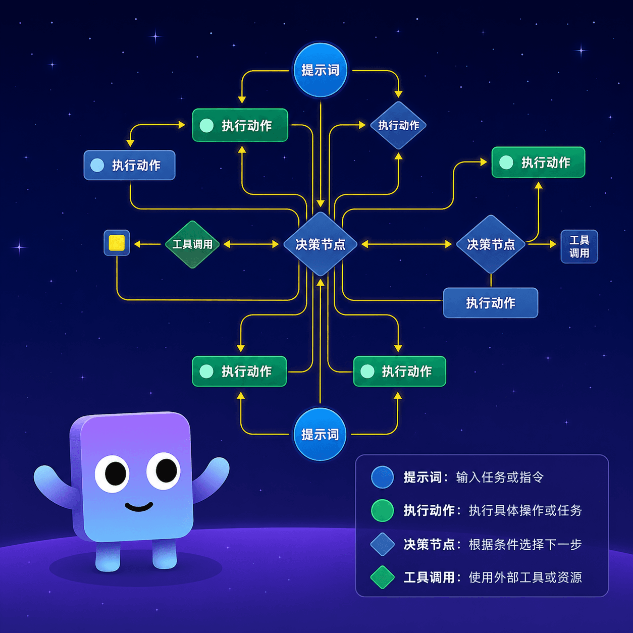 AI 智能体工作流界面，包含机器人助手和数字仪表盘