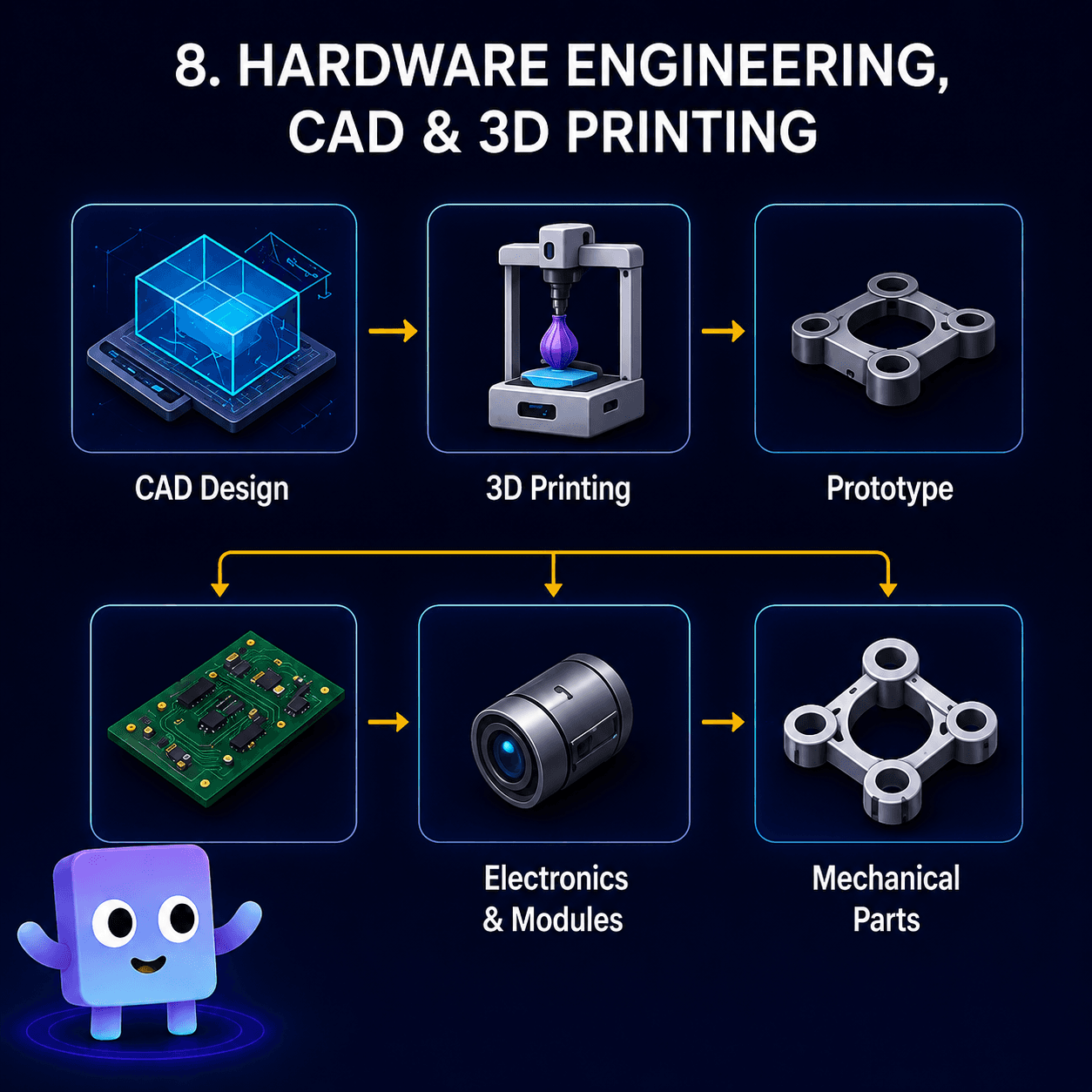 Hardware engineering, CAD design, 3D printing, electronics, and mechanical parts diagram