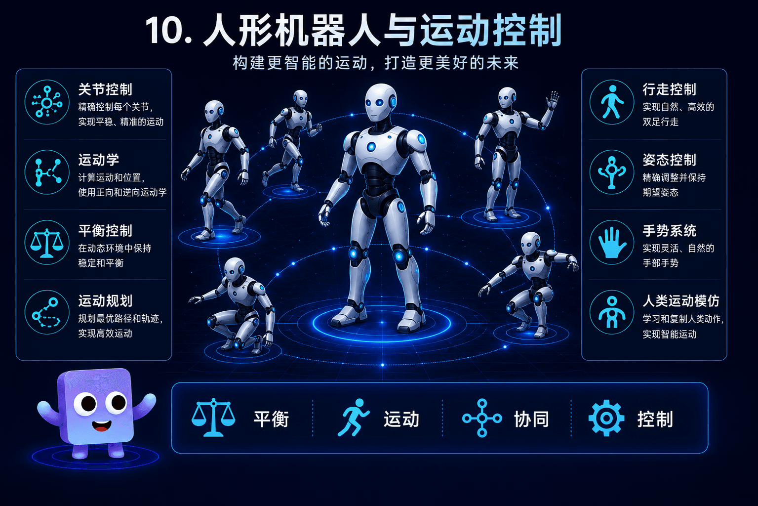 人形机器人与运动控制图示，包含行走、平衡、手势和姿态控制