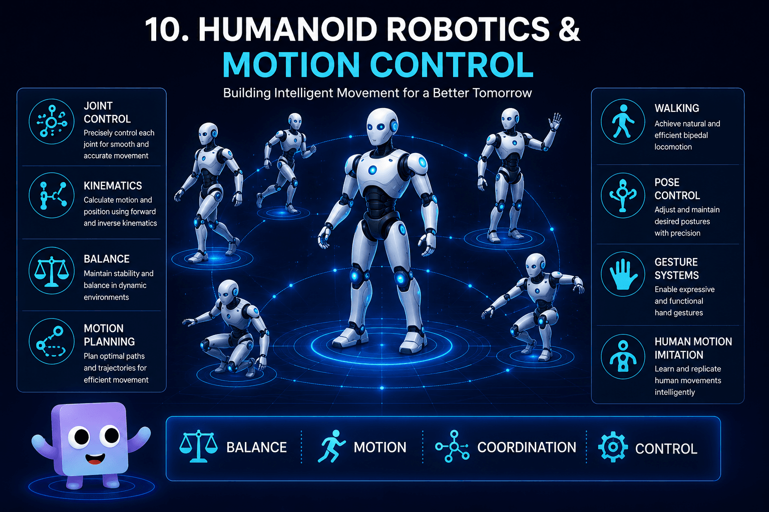 Humanoid robotics and motion control diagram with walking, balance, gestures, and pose control