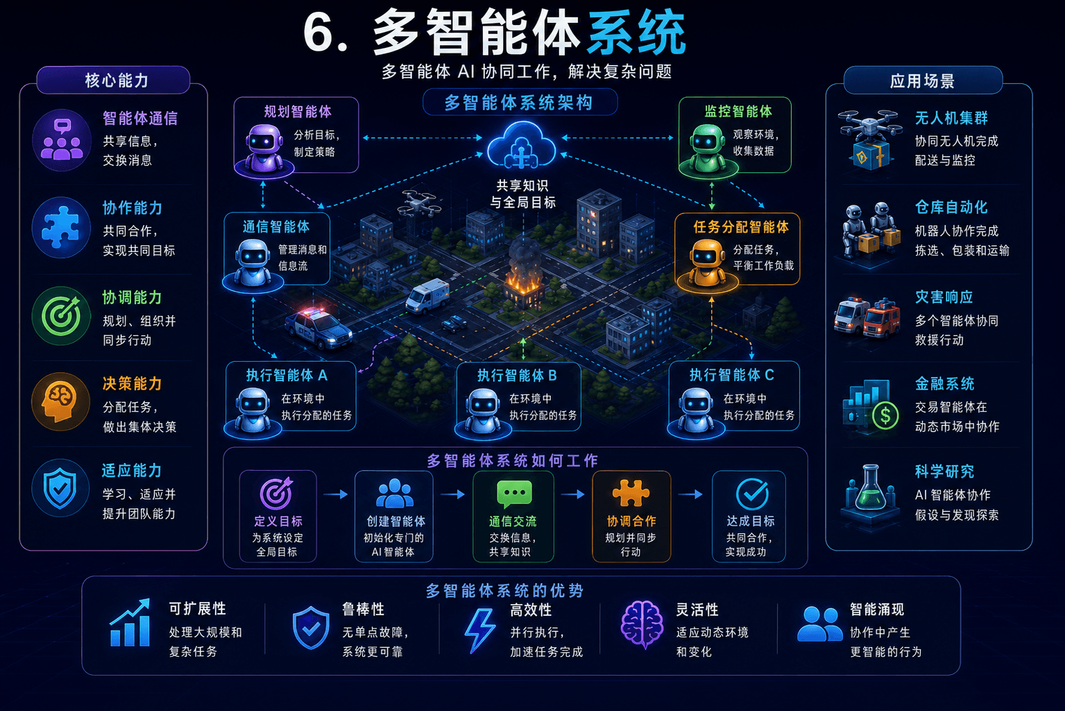 多智能体系统图示，展示协作 AI Agent 的协调方式