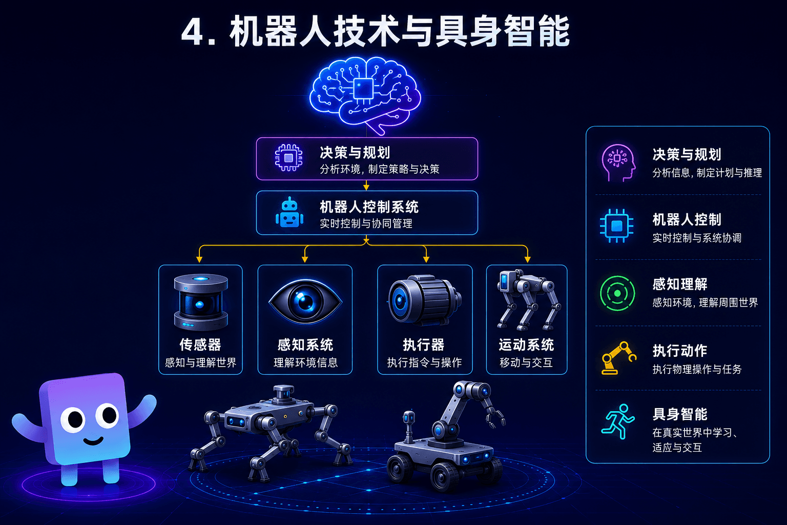 机器人与具身智能图示，包含传感器、感知、执行器和移动能力
