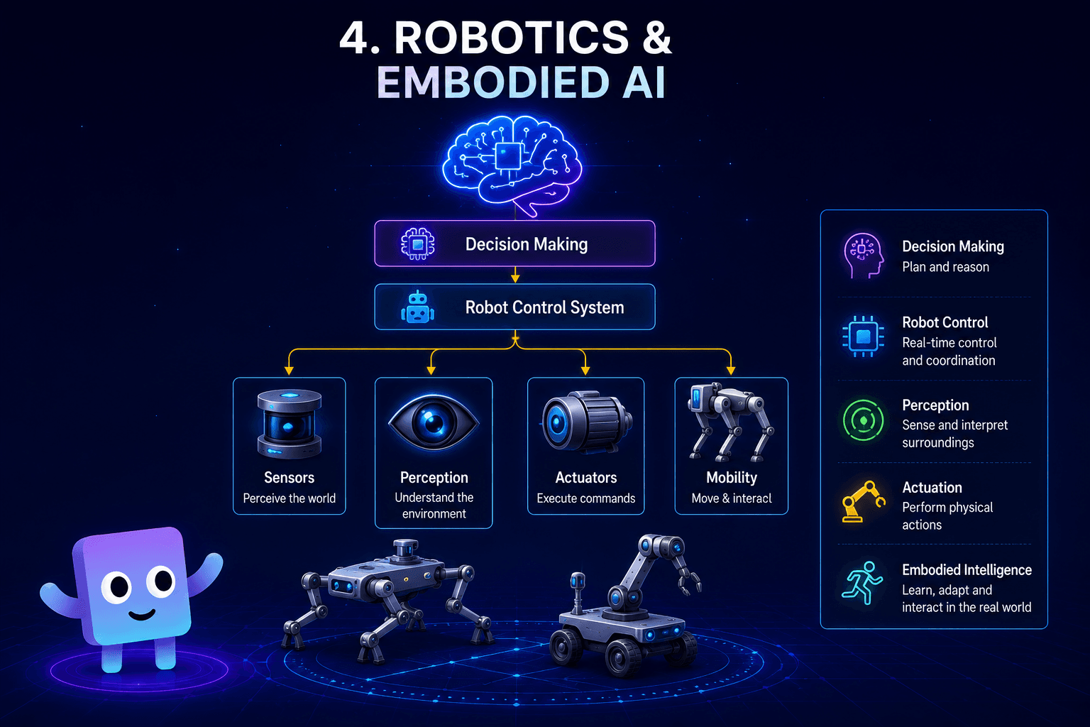 Robotics and embodied AI diagram with sensors, perception, actuators, and mobility