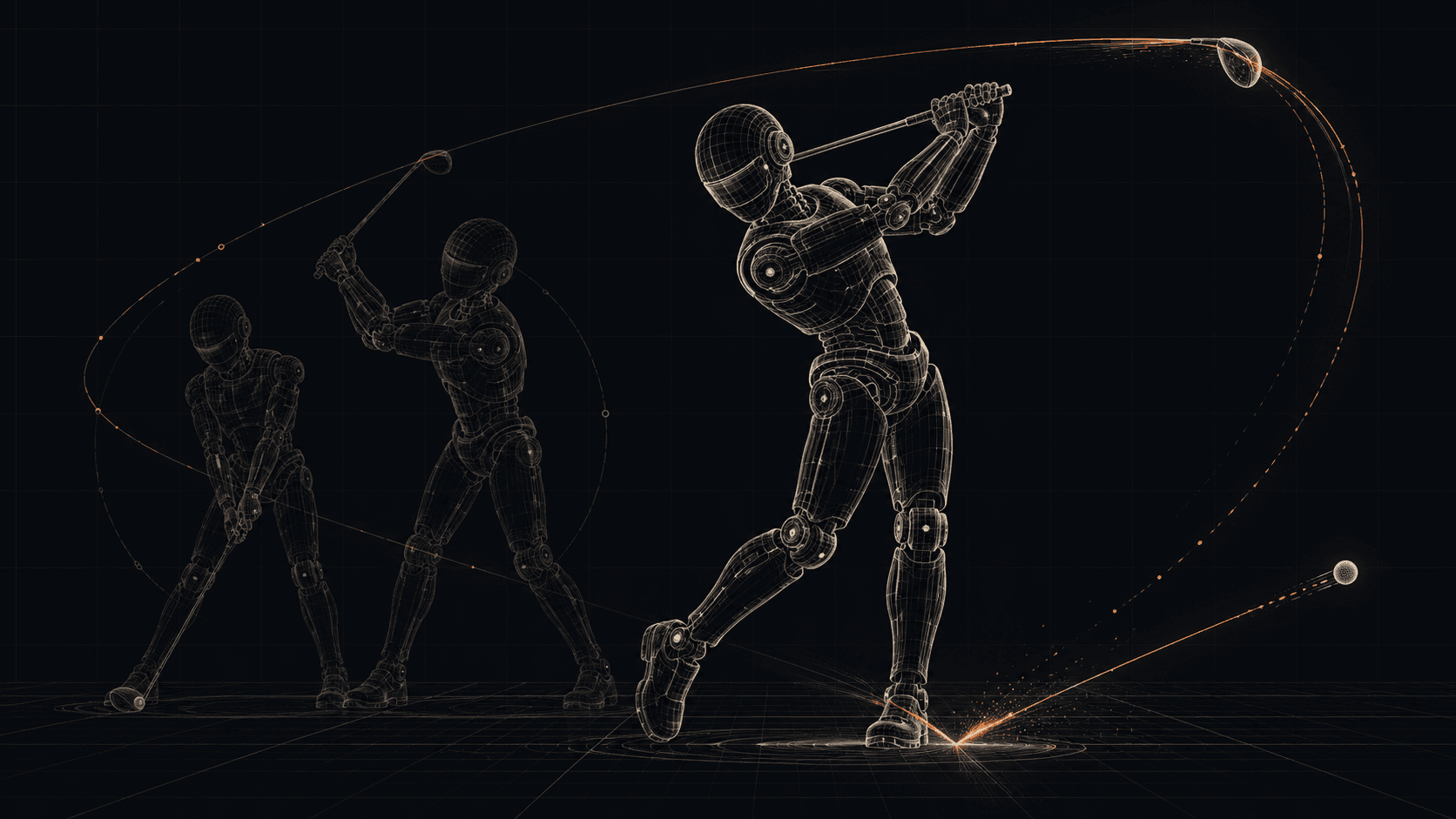 Wireframe humanoid robot progressing through a golf swing with an orange motion trajectory.